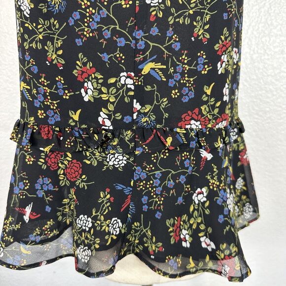 Madewell Top Women Size Small Bird Floral Dark Cottagecore Ruffle Peplum Blouse - Picture 8 of 14
